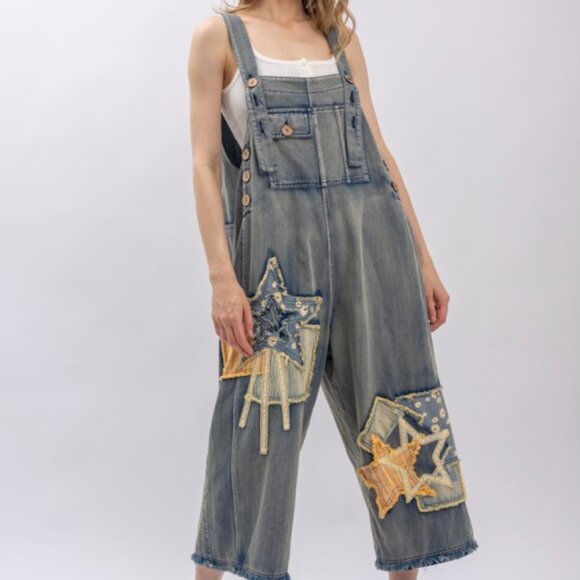 Patchwork Denim Bib Overalls - Picture 8 of 16